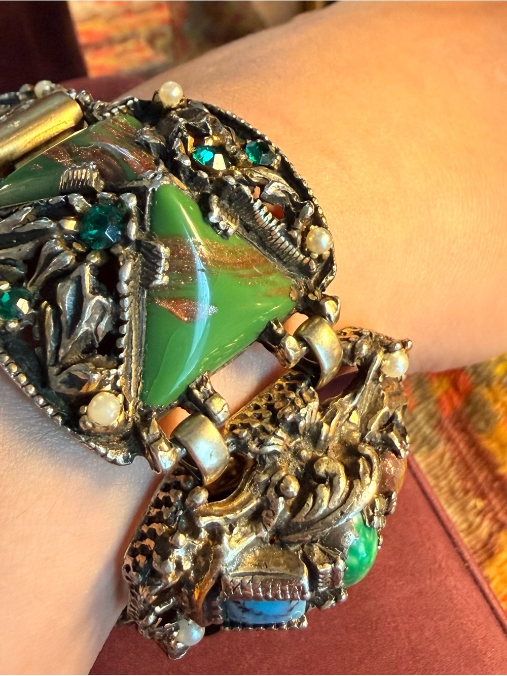 Green and Pink Selro Selini Vintage Statement Bracelet and Earrings Set - Picture 2 of 5